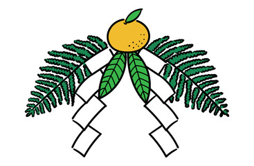 正月飾り（ウラジロ、ダイダイ、紙垂、ゆずり葉）の線ありイラスト