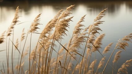 Reeds blowing in breeze near a lake, serene natural landscape view for articles, blogs