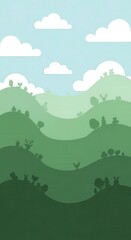 Fototapeta premium Layered rolling hills display soft green gradients beneath a bright sky filled with white clouds