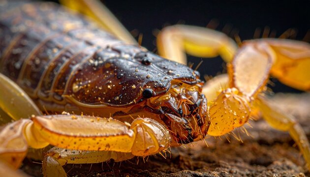 A macro shot shows a scorpion with a dark segmented carapace and translucent yellow legs Hairs cover its body and pincers