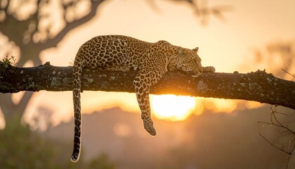A spotted leopard relaxes on a tree branch with a warm golden sunset creating a soft glow in the background