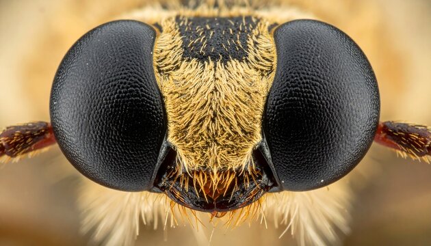 An extreme closeup of an insects head detailing its large black compound eyes and the yellow and black hairs on its face