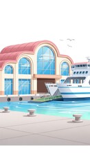 Obraz premium Large ferry is docked at a sunny maritime terminal building beside calm blue water