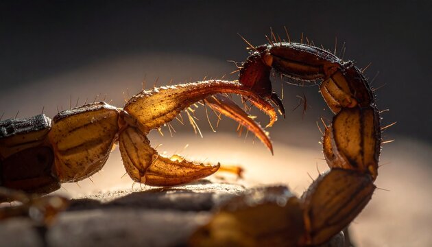 A backlit macro shot of a scorpions curved segmented tail and pincers highlighting its translucent exoskeleton and fine hairs
