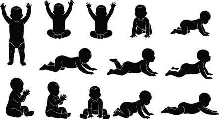 Baby silhouette, crawling baby, sitting baby, infant development, motor skills, child growth, black icon, toddler movement, educational, parenting, medical
