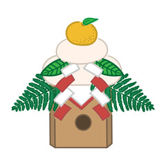 三方に乗った鏡餅のイラスト（カラー線）