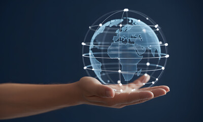 Hand holding a futuristic wireframe globe representing international business and network.