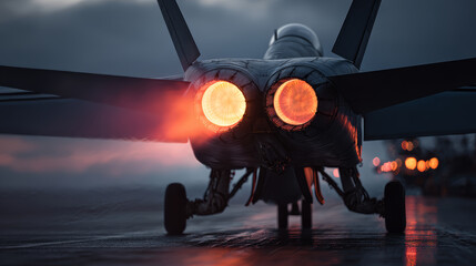 Jet fighter aircraft with afterburners ignited on wet runway during dusk, showing powerful engine flames and dark moody sky