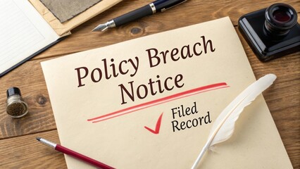 Policy Breach Notice Document on a Wooden Table with Quill Pen, Ink, and Stationery Supplies for Legal and Business Use