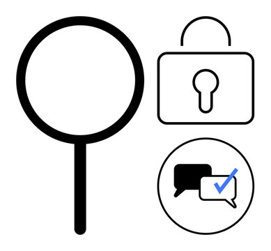 Magnifying glass, padlock, and speech bubbles with checkmark highlight security, transparency, verification, information search, privacy, communication, and trustworthiness as a simple flat metaphor
