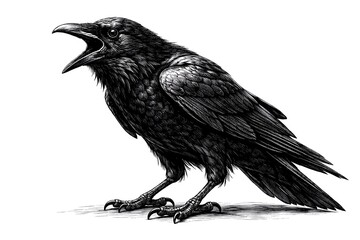 Crow engraving drawing. Angry crow with open beak.