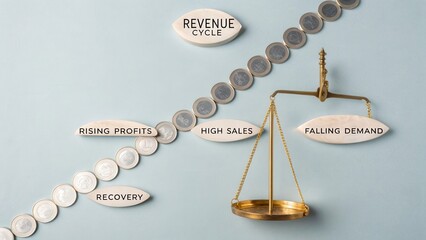 Revenue Cycle Analysis with Balance Scale Depicting Profits, Sales, and Demand Dynamics in Business Strategy