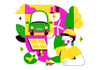 Green Energy Vehicle Vector Illustration Featuring Electrical Power, Environmental Conservation, Electric Transportation, and Sustainable Resources