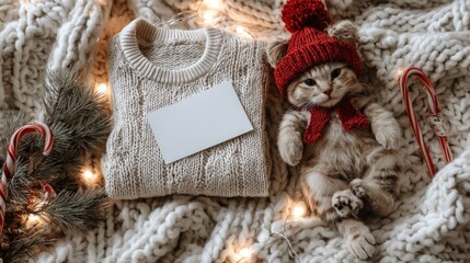 A cozy winter scene featuring a fluffy cat in a red hat beside a knitted sweater, surrounded by festive decorations and soft lighting.