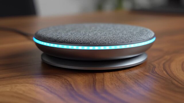 Close Up of Smart Speaker Device With Blue Light Ring Sitting on Wood Table