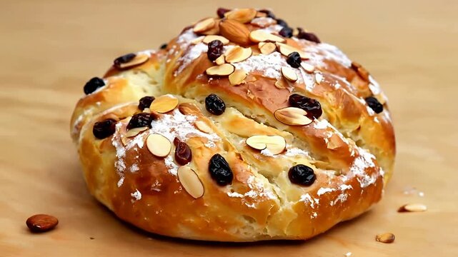 Golden braided bread with almonds and raisins on wooden board.