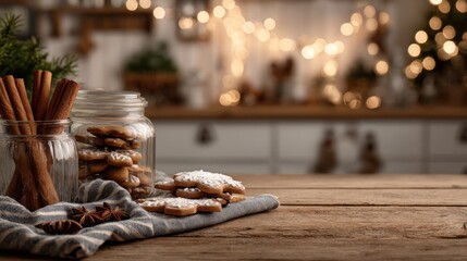 A cozy holiday scene featuring a jar of cookies, cinnamon sticks, and warm lights, creating a festive atmosphere.