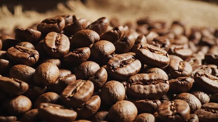 A captivating closeup view of freshly roasted coffee beans showcasing their rich brown color and intricate textures ready to be ground and brewed into an aromatic and invigorating beverage perfect fo.