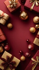 Fototapeta premium A festive arrangement of gifts and ornaments in red and gold, evoking a celebratory atmosphere perfect for the holiday season.