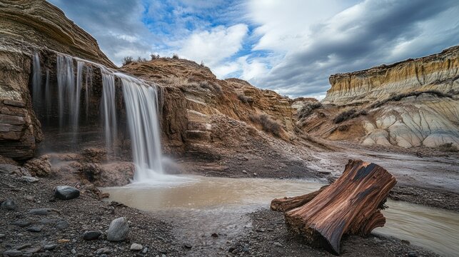 Waterfall in a petrified forest, fossilized trees surrounding the cascade, eerie and ancient atmosphere