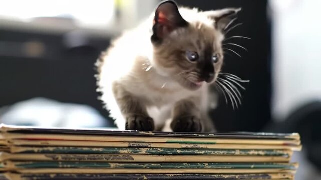 Adorable one kitten sitting on stack of old vintage vinyl records indoors.  Cute cat, animal, pet, feline, young, small, kitten, looking down.