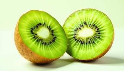 Fototapeta premium Half a kiwi fruit, vibrant green flesh, isolated , texture, macro