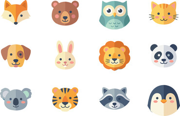 Cute animal face icons set with fox, bear, owl, cat, lion and panda, colorful flat vector illustration for kids design