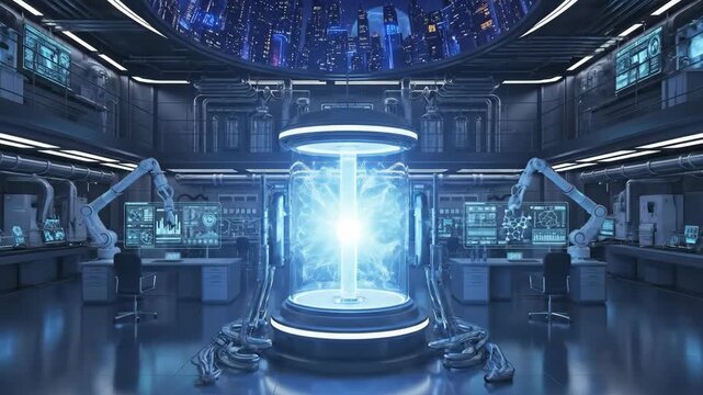 Futuristic lab with energy core, city in background, used for scientific illustration