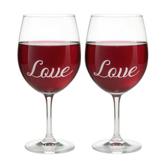 Elegant wine glasses with word Love etched them, filled with red wine, create romantic atmosphere perfect for special occasions. transparent background