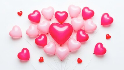 Vibrant pink heart balloons floating together on white background