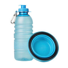 Reusable water bottle with collapsible bowl, designed for outdoor activities. transparent background highlights product features and colors