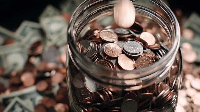 Coins in jar with copper and silver currency, symbolizing saving money, cash investment, and finance growth with warm lighting creating hopeful and inviting atmosphere for financial success