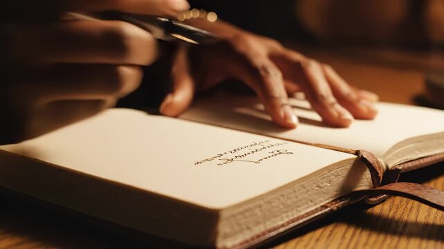Person Writing in a Leather Bound Journal With a Fountain Pen