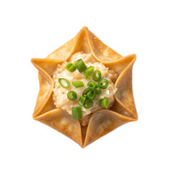 Crispy crab rangoon filling topped with fresh green onions on transparent background