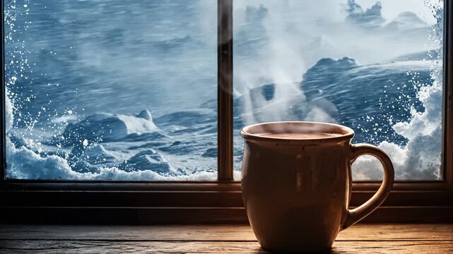 Steaming Mug on Wooden Table Beside Window With Blustery Snow Scene