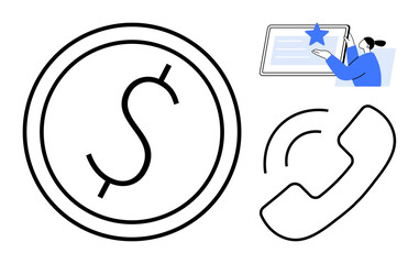 Financial transactions, customer support, digital interaction, communication, e-commerce, online services. Dollar sign, phone icon person interacting with a tablet. Financial transactions