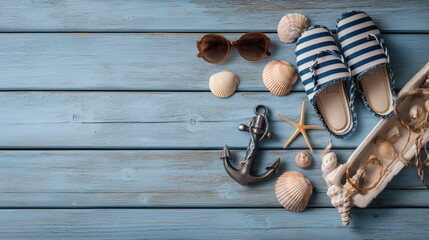 Summer Beach Flat Lay with Nautical Accessories on Blue Wood