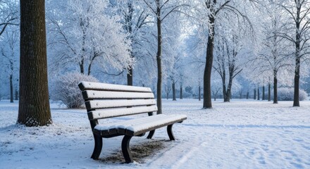 Park bench in snow-covered landscape; frosted trees and white ground