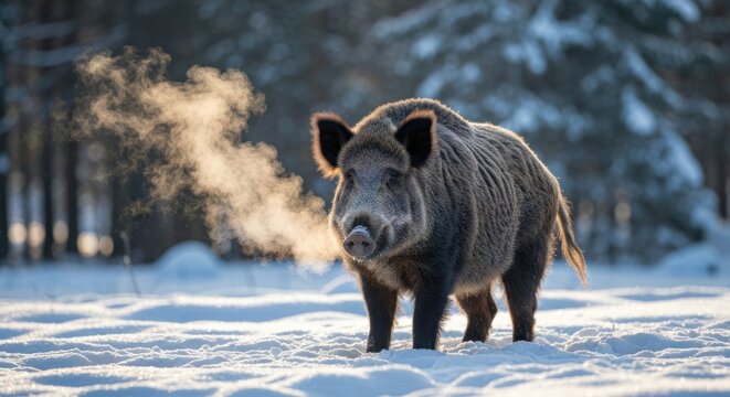 A wild boar exhales a breath of steam in the snow-covered forest