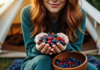 Joyful redhead woman holding handful of fresh forest berries near tent, enjoying camping morning with healthy organic breakfast and wooden bowl of colorful summer fruits