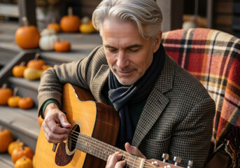 Obraz premium Content mature man with gray hair playing acoustic guitar outdoors in cozy autumn setting, sitting on porch with pumpkins and wrapped in warm plaid blanket