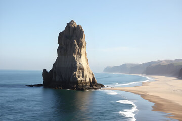 Sea stack towering over sandy beach and ocean waves