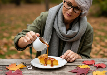 Golden autumn scene with mature woman in glasses pouring caramel sauce on pumpkin pie slice at rustic outdoor table surrounded by colorful fallen leaves