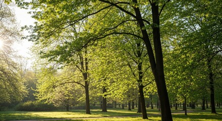 Fototapeta premium Sunlight streams through a lush, green forest canopy