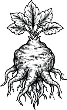 A detailed black and white woodcut illustration of a bulbous mandrake root with a crown of veined leaves and gnarled tangled roots.