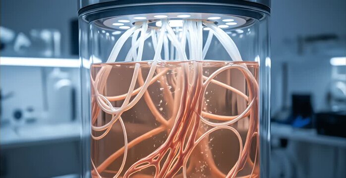 Artificial organic tissues are cultivated within an illuminated glass bioreactor in a futuristic science laboratory