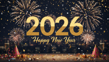 Happy New Year 2026 celebration background with golden 3D numbers, fireworks, and champagne glasses.