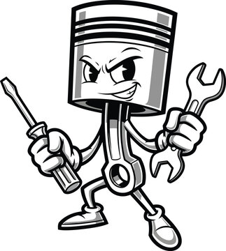 A tough cartoon piston character mascot with a mischievous expression holding a wrench and a screwdriver.