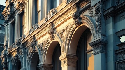 Ornate building facade, sunset light, city street, architectural detail, design use