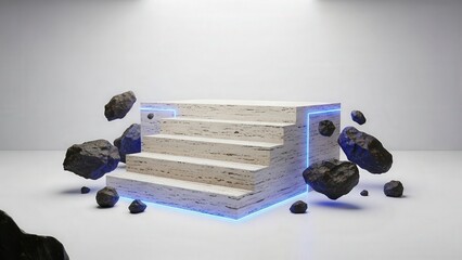 Floating stairs with rocks and blue light